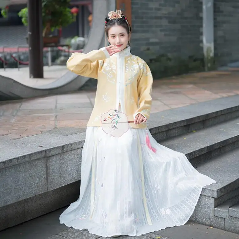 Золотой Желтый зимний традиционный Hanfu Китайский вышитый Кристалл шерстяной воротник куртка+ юбка фея молодой леди элегантный уникальный - Цвет: Золотой