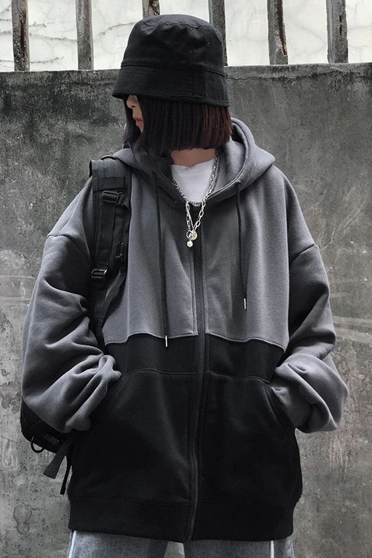 as picture Женская Осенняя мода, корейский стиль, Harajuku, длинный рукав, Ретро стиль, контрастный цвет, флисовая подкладка, негабаритная молния, Повседневная Женская куртка - Цвет: as picture
