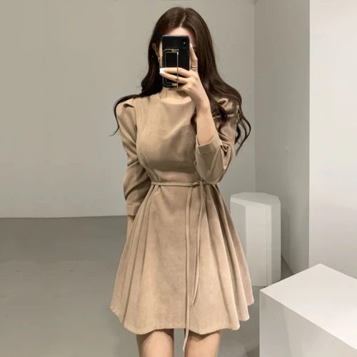 Khaki Gaganight Элегантные Женские однотонные вечерние платья Мини Короткое платье с длинным рукавом и круглым вырезом Тонкие шикарные платья весна осень новая мода Vestidos - Цвет: Khaki