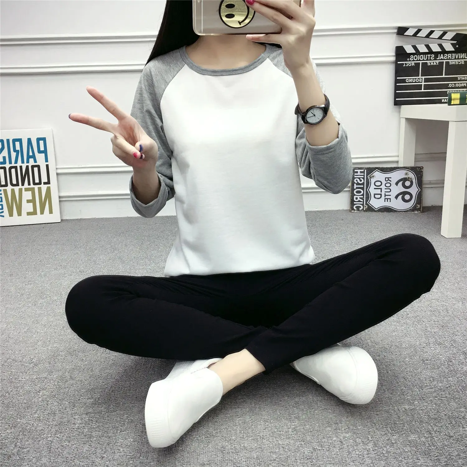 Весенне-осенняя женская футболка 2 Женская Футболка Harajuku с длинным рукавом блуза со вставкой женские футболки
