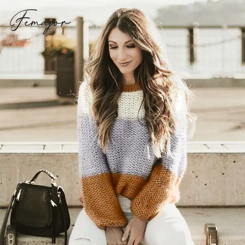 

Femajor Women Sweater 2019 Autumn Winter O Neck Knitted Pullover Casual Khaki Block Lantern Sleeve Jumpers Mujer Plus Size Tops