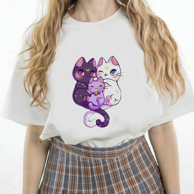 Sailor Moon летняя футболка для женщин Harajuku короткий рукав забавная футболка Ulzzang футболка с милым котом женские футболки с героями мультфильмов