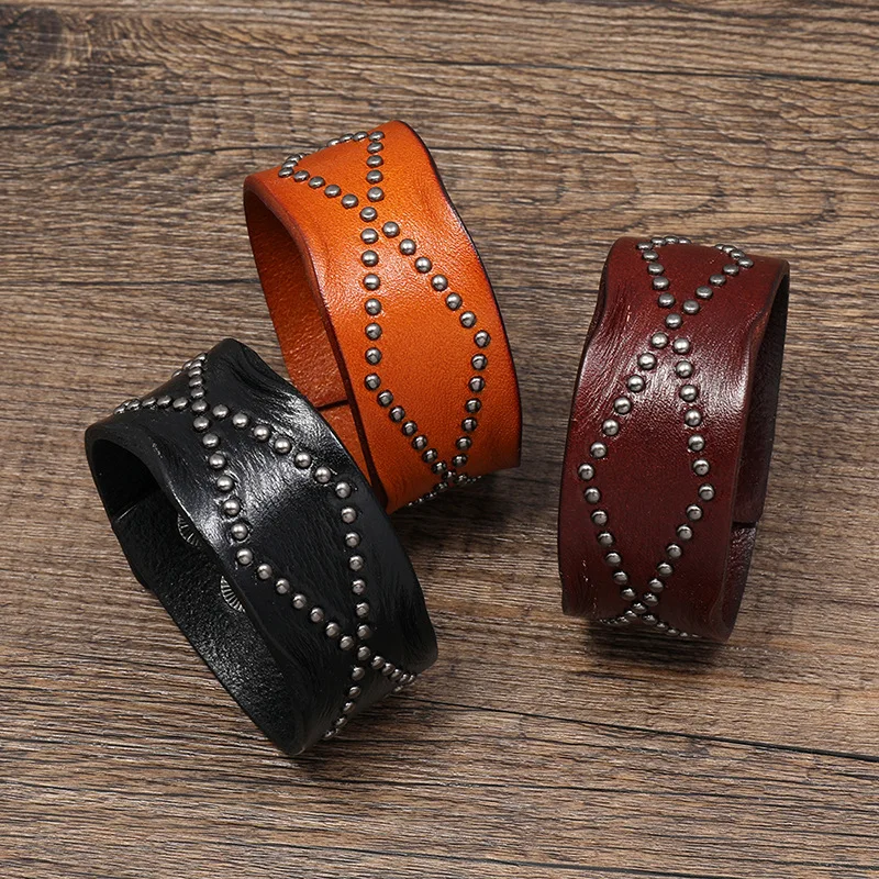 Bracelet Jewelry VOQ Punk Style Retro Design Genuine Leather Wide Wristband Rivet Collocation Button Unisex
