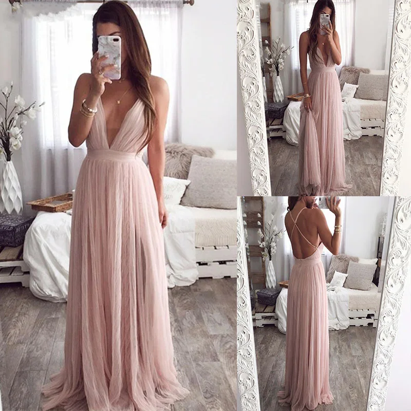 

Sexy Deep V Neck Evening Dress Summer Backless Pink Elegant Lace Evening Maxi Dress Holiday Long Party Dress Ladies 2020