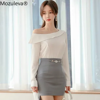 

Mozuleva 2020 Spring Korea Slim Oblique Full Sleeve White Blouse Irregular High Waist Bodycon Skirt 2 Piece Sets Sexy Suit Dress