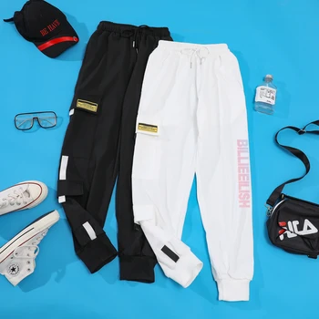 

Men Women Cargo Pants Cool Billie Eilish Letter Printed Drawstring Trousers Loose Sweatpants Casual Elastic Waist Pants