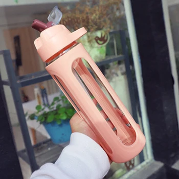 

600ml Fashion With Straw Large Capacity Water Bottle Sleeve Glass Portable Liquid Container Drinking Travel Leak Proof Handle