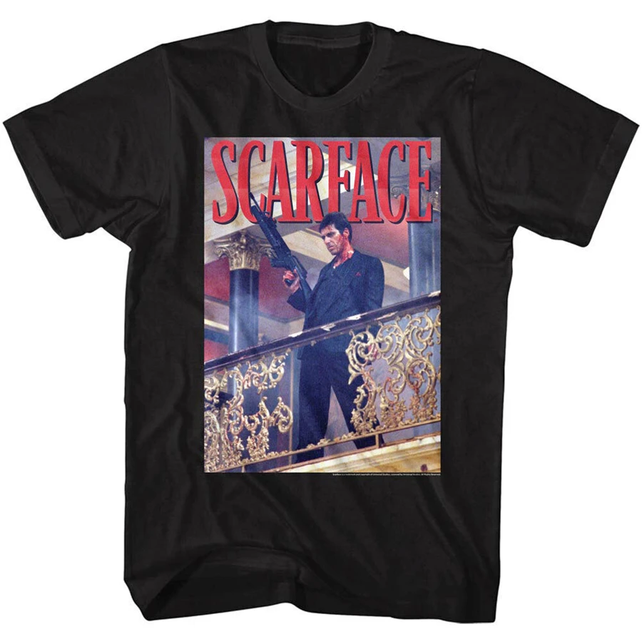 Scarface Тони Монтана балкон перила выстрел мужские топы Футболка Большой пистолет