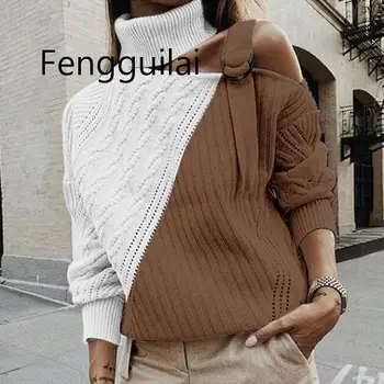 

Women Patchwork Turtleneck Sweater Sexy Off Shoulder Buckle Knitted Pullover Autumn Winter Long Sleeve Jumper Tops Pull Knitwear