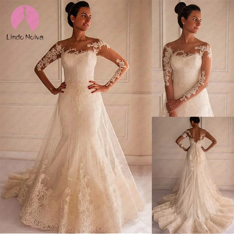 Недорогое Платье Vestido De Noiva под заказ платье с круглым вырезом и Длинными Рукавами Свадебное платье сексуальное кружевное свадебное платье с юбкой-годе
