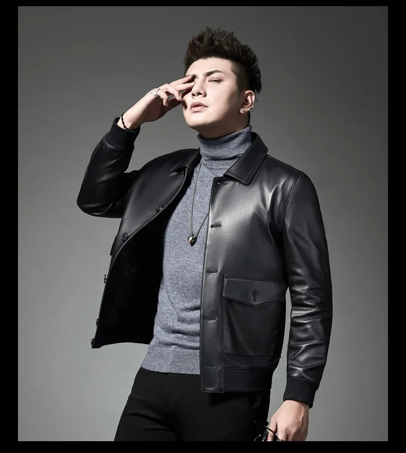 One-Piece Autumn New Short Leather Coat Youth Men Fold-down Collar Men'S Wear Korean-style Handsome Sheep Skin