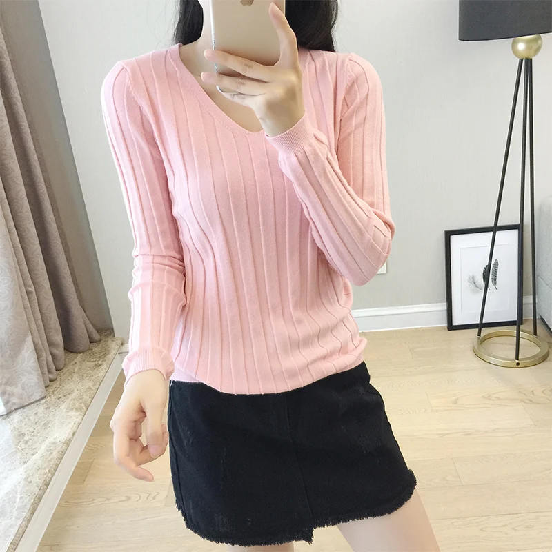 

Women's sweater 2020 autumn and winter new all-match solid color V-neck long-sleeved pit stripe slim cashmere sweater