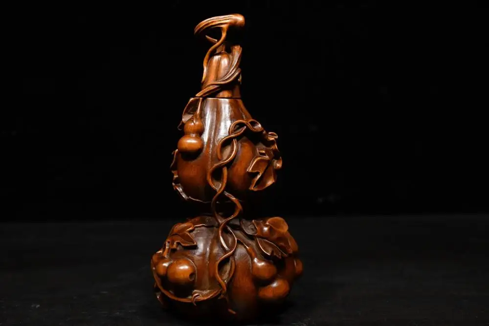 

6" China Collection Old Boxwood Wooden gourd statue Gourd vine hanging small gourd Implication Ward off evil spirits Town House