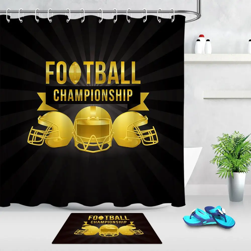 Football Golden Letter Helmet Waterproof Fabric Shower Curtain Custom Bedroom And Mat Sports Party Decoration | Дом и сад