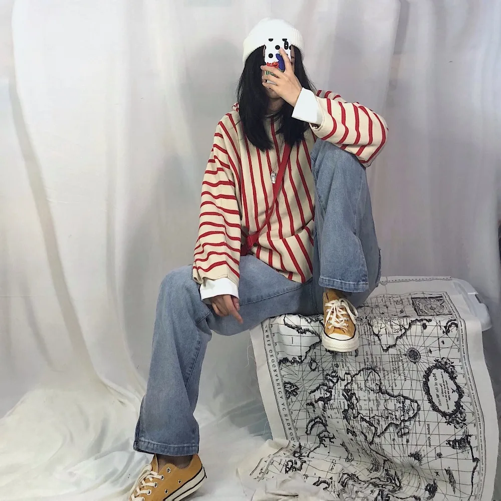 Корейский зимний ulzzang Harajuku шикарный модный полосатый Свободный Повседневный свитер с капюшоном уличный свободный осенний женский свитер