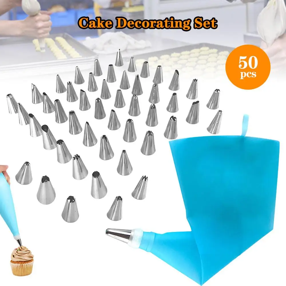 

50Pcs/Set Stainless Steel Small Flower Mouth TPU Pastry Bag Scraper Flower Converter Baking Cup DIY Cake Decorating Tools