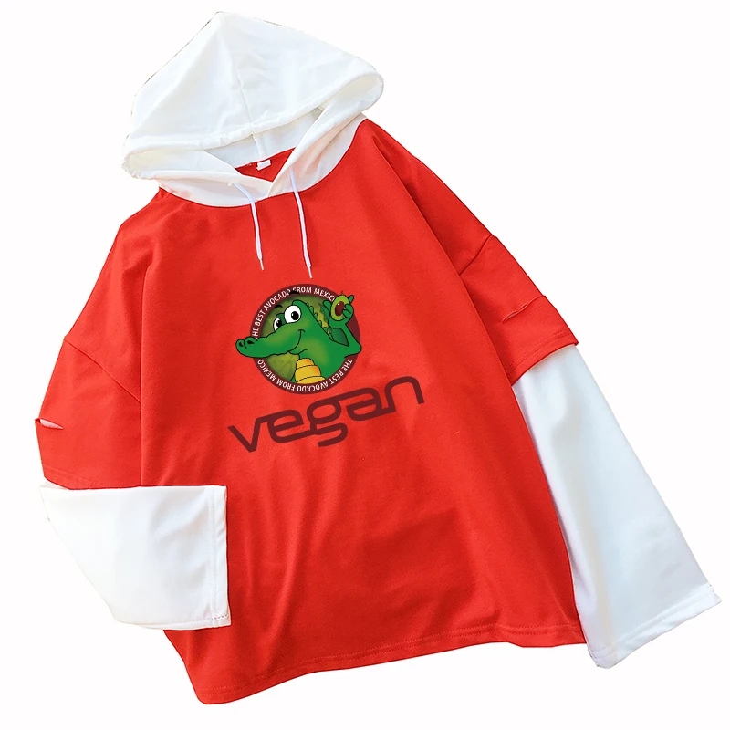 Vegan Crocodiles Толстовка прекрасный авокадо толстовки для женщин хлопок тонкий пуловер с капюшоном поддельные две части повседневная женская одежда - Цвет: red