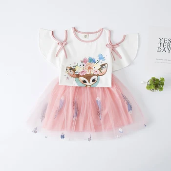 

Baby Girl Pink Deer Print Dress 3-7T Cute Strapless Frocks Suits Kids Unicorn Costume Cartoon Cat Printing Feather Tulle Clothes