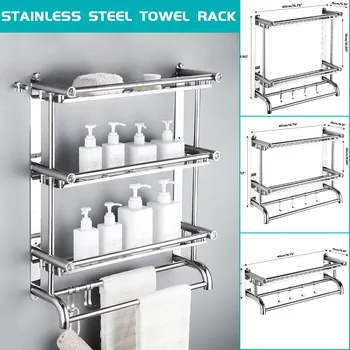 

1-3 Layers Bathroom Towel Holder Towel Rack Stainless Steel Wall-mounted Wall Storage Shelf Punch-free Bathroom Accessories