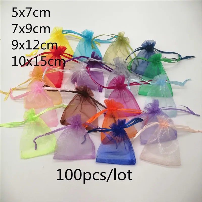 100pcs/lot 5x7/7x9/10x15cm Organza Jewelry Bags Pouch Organza Drawstring Bag Jewelry Packaging For Jewelry Pouches Jewellery Bag