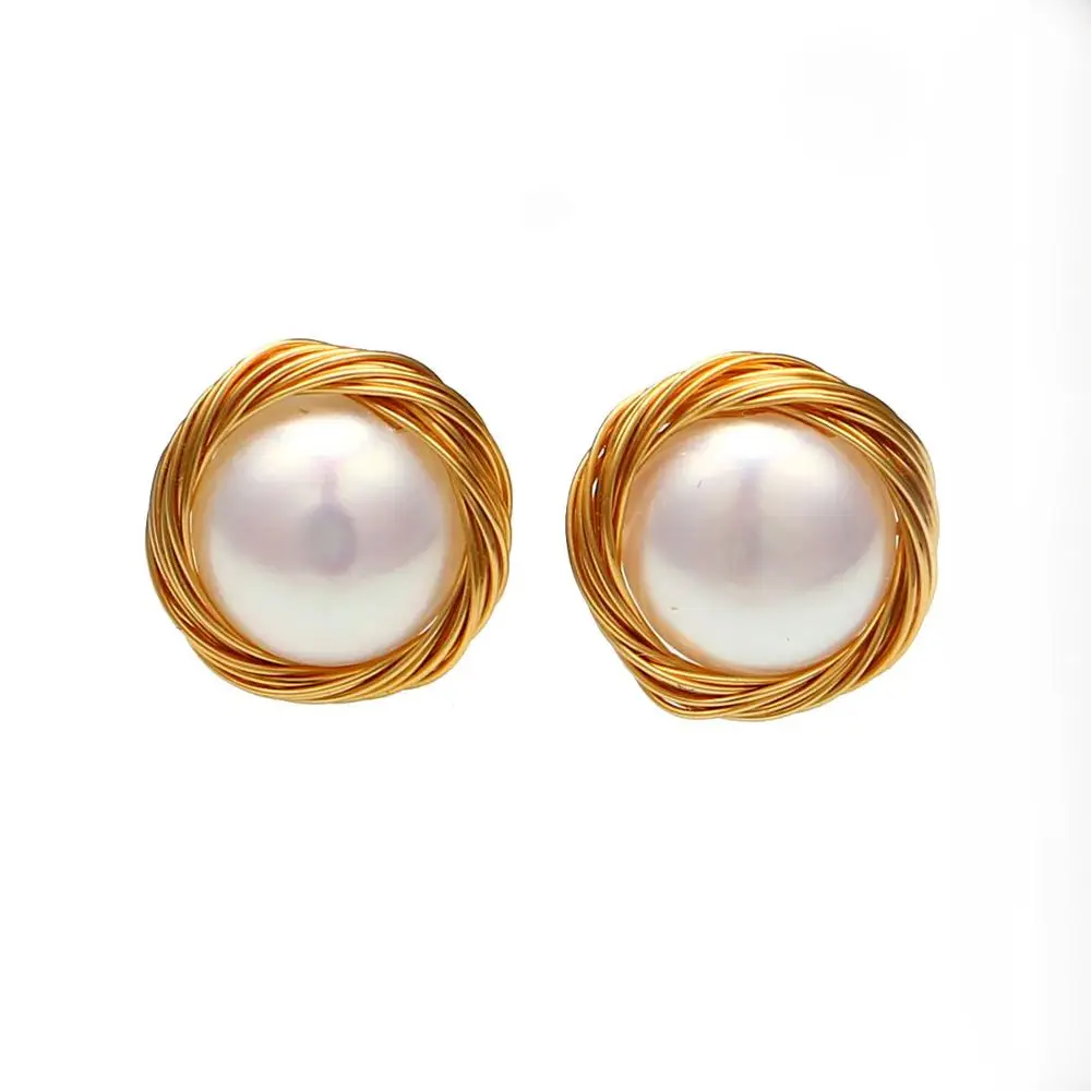 

14K Gold Filling Hand made white Classic gold string flat round natural freshwater cultured pearls stud earrings