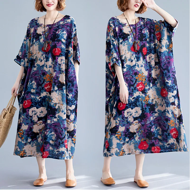 

Fat mm Women's Dress Casual Robe Summer New Literary Fan Elegant Cotton and Linen Printing Belly Ageing Slimming Dress