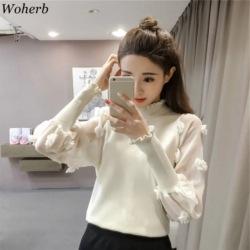 Woherb Pull Femme, водолазка с длинным рукавом-фонариком, женский свитер в стиле пэчворк, прозрачные пуловеры с 3d цветами, корейский стиль, новинка 91223