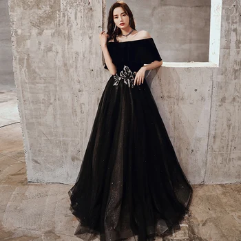 

Black Sexy Off Shoulder Evening Party Dress Noble Maxi Mesh Qipao Elegant Women Bling Sequins Cheongsam Flower Robe De Soiree