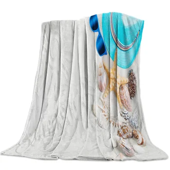 

Summer Seaside Beach Shells Starfish Hat Sunglasses Flannel Blanket Soft Throw Blanket Machine Washable Blankets for Beds
