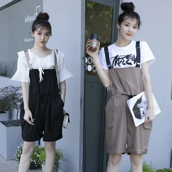 

Women Sweet Overalls Summer Plus Size Bottom Female Fashion Loose Drawstring Waist contrast color Short Pants S6-8687