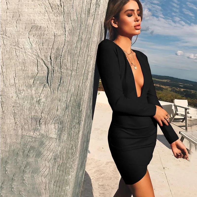 Sholina сексуальное Бандажное платье с v-образным вырезом на осень и зиму Vestidos открытое мини-платье с рюшами женское элегантное вечернее платье для женщин