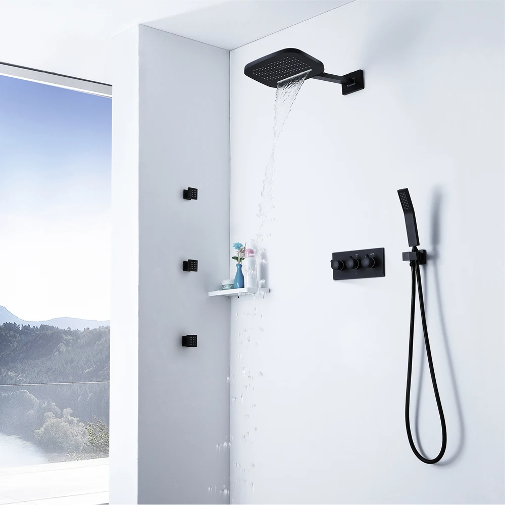Black Rainfall Shower Waterfall Shower Head Shower Set Brass Shower Faucets Massage Spray Showers Bathroom