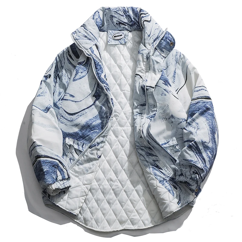 Chinese Style Thick Commander Jacket Men Ink Painting Print Winter Jacket Parka Men Hip Hop Coat Men Streetwear Cool Cloth