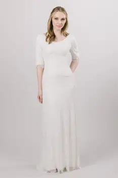 

2020 New Vintage Lace Sheath Modest Wedding Dresses With Half Sleeves Round Neck Sweep Train Colume LDS Bridal Gowns Sleeved