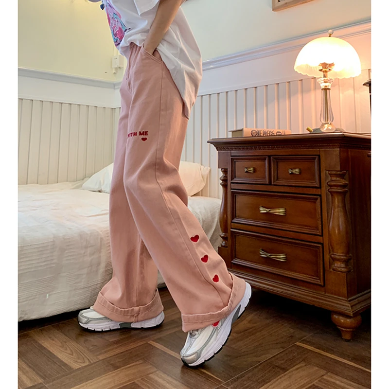 Women's Jeans 2022 New Pink vintage Embroidery Streetwear High Waist Wide Leg Pants Baggy Harajuku Straight Mom Denim Trouse