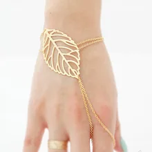 Корейский Шарм полые листья браслет с цепочка на палец ручной Жгут для женщин золотой цвет женские браслеты