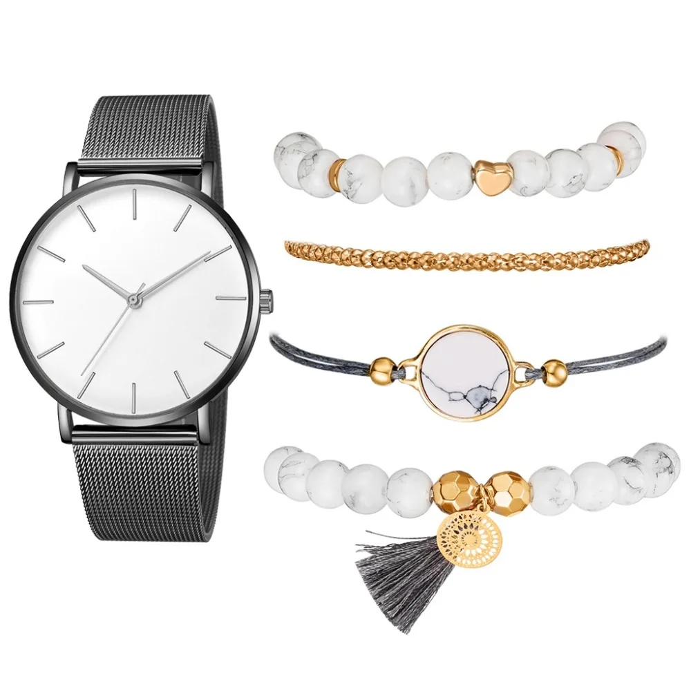 Новинка, 5 комплектов, модные роскошные женские часы, браслет, водонепроницаемые, розовое золото, нержавеющая сталь, сетка, кварцевые наручные часы, женские часы