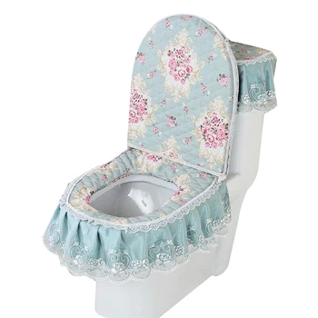 

3PC Toilet Seat Pad Set Tank Lid Top Cover Washable Cloth Lace Bathroom Warmer