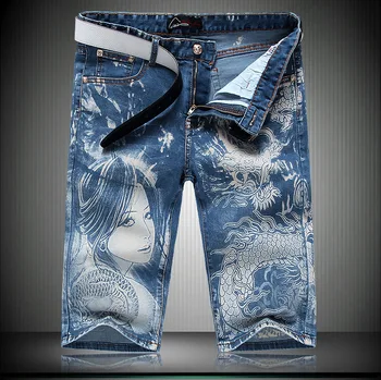 

men's jeans mid pants thin casual 5-point pants printed with dragon women's personalized half pants new trend in summer