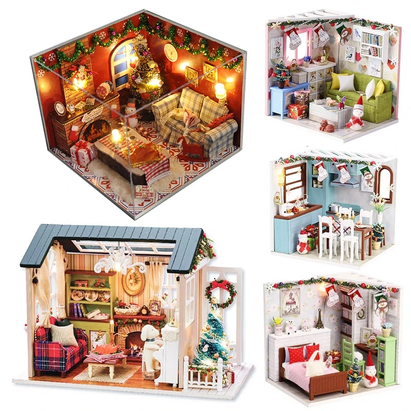 DIY Кукольный дом, деревянные кукольные домики, миниатюрный кукольный домик, мебель, набор со светодиодный игрушками, Детский Рождественский подарок Z007 Z008 Z009 TD9