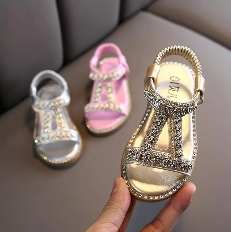 Sandalias de princesa con diamantes para niñas, plano para estudiantes de primaria de tacón Zapatos de vestir, bonitos y suaves