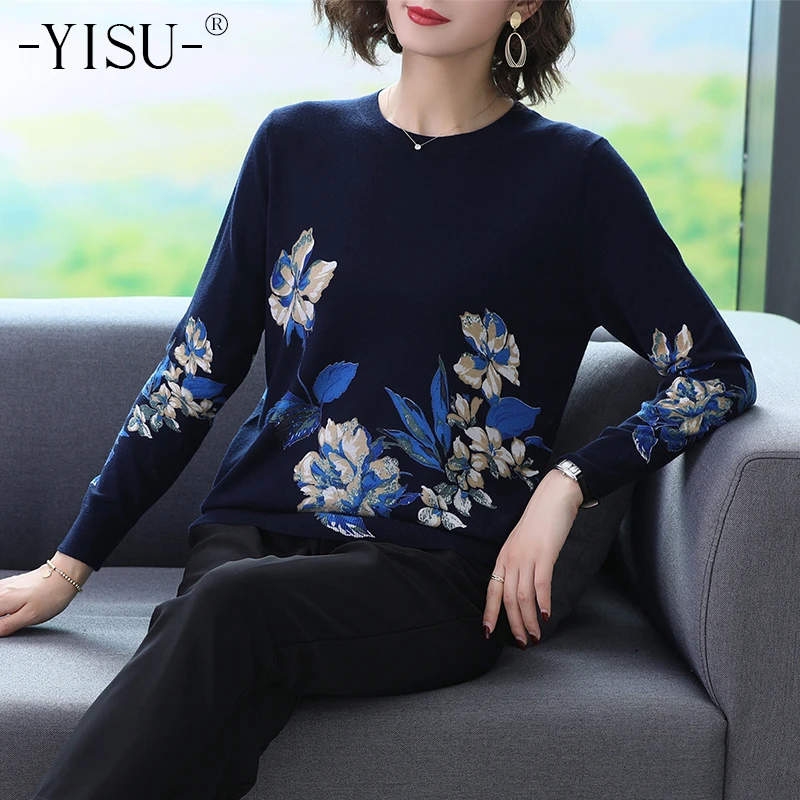 

YISU Simple Sweater Women 2019 Autumn Winter Long Sleeve O neck soft Knitted Pullovers Floral Printed Knitted sweater Women