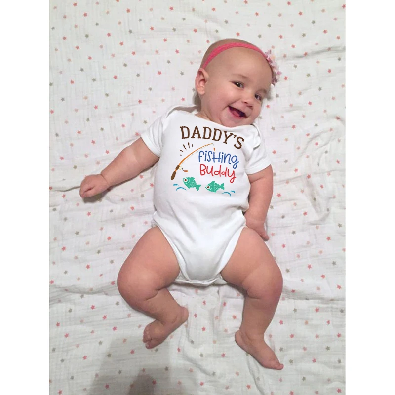 Cotton Newborn Baby Boy Girl Short Sleeve Romper Letter Print Daddy's Fishing Buddy Romper Outfits Summer Baby Clothes White 3