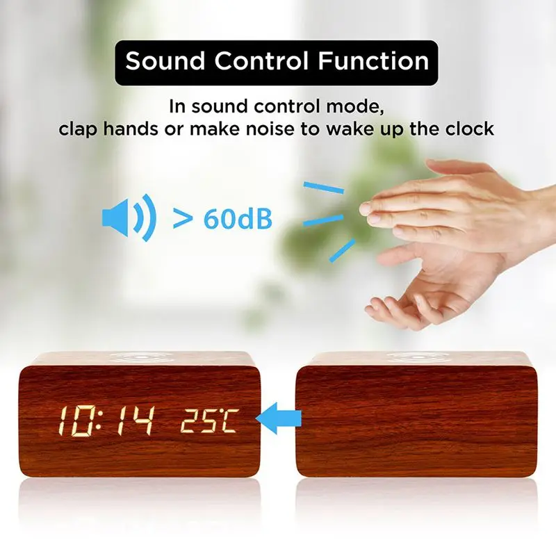 Alarm Clock With For Qi Wireless Charging Pad Compatible With For Iphone Samsung Wood Led Digital Clock Sound Control Function