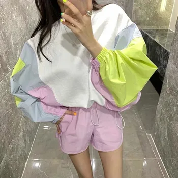 

2020 Summer New O Neck Long Sleeve Contrast Color Plus Size Pullover Knitted Sweater High Waist Shorts Casual 2 Piece Set
