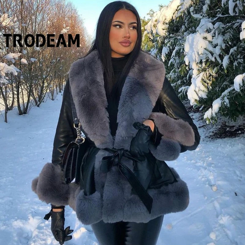 Женская кожаная куртка с поясом TRODEAM облегающее элегантное теплое толстое пальто