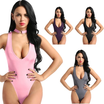 

Women Open Crotch Bodysuit Necklace Collar See Through Sheer Mesh Sexy Lingerie Romper Bodysuit Thong Teddy Leotard Top