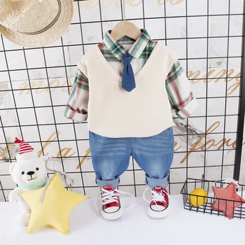 

Kids Clothes Boys 4 Years Baby Clothes with Bowtie Long Sleeve Children Costumes for Kids Outfit Vest Plaid Shirt Denim Pants