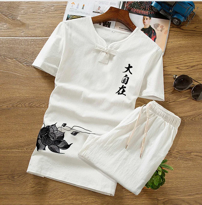 Short-sleeved T-shirt Men V-neck Suit VogueShorts Clothes Summer Clothing Set Button Summer Print Linen Set M-5XL