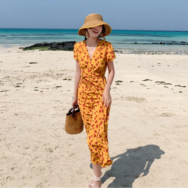 

Summer Women Floral Print Slim Yellow Dress Fairy Boho Elegant Vacation Tropical Long Beach Dress Vintage Korean Runway Vestidos